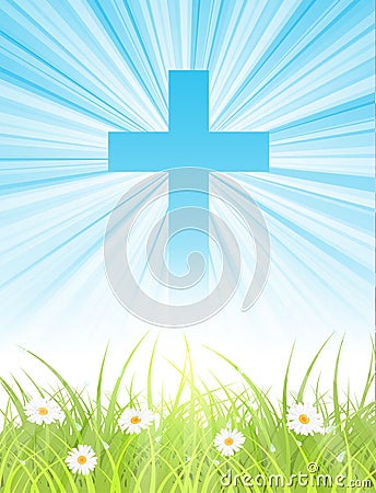 Cross on blue sky, with sun rays and green lawn Vector Illustration