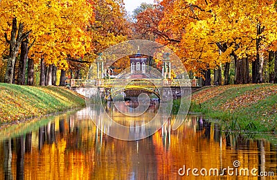 Cross bridge and Chinese bridges in Alexander park in autumn, Pushkin Tsarskoe Selo, St. Petersburg, Russia Stock Photo