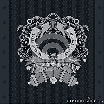 Cross cannons with cannonballs and frame from ribbon in center of line pattern. Heraldic vintage label on black Vector Illustration