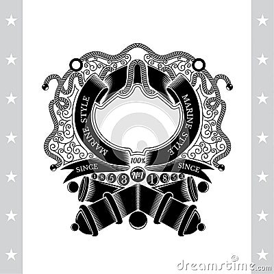 Cross cannons with cannonballs and frame from ribbon in center of line pattern. Heraldic vintage label Vector Illustration