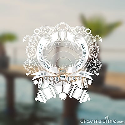 Cross cannons with cannonballs and frame from ribbon in center of line pattern. Marine vintage label on blurred sea photo backgrou Vector Illustration