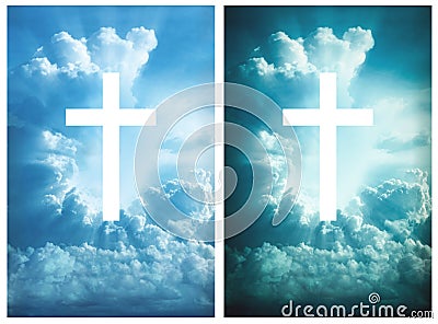 The cross of christ in the blue sky, The white cross was on a large cloud with a beam of light spread out, Bright and vintage tone Stock Photo