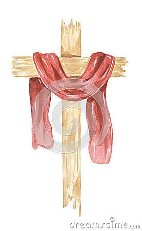 Cross Clipart, Watercolor Christian wooden cross With Red Cloth, Baptism Cross, Wedding invites, Holy Spirit, Religious Cartoon Illustration