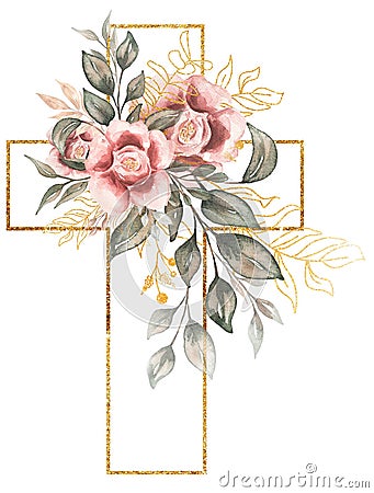 Cross Clipart, Watercolor golden frame cross With pink peony flowers and greenery bouquet, Baptism Cross clip art, Wedding invites Cartoon Illustration