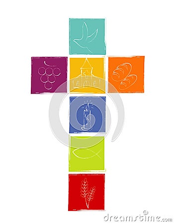 Isolated cross with white Christian symbols. Cross with colored squares. Religious sign Cartoon Illustration