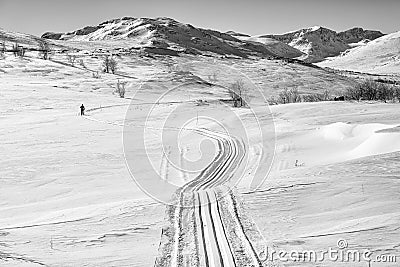 Cross country ski track in Jotunheim - Norway - Black and white picture Stock Photo