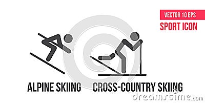 Cross-country skiing, alpine skiing und nordic combinedsign icon, logo. Set of sport vector line icons, athlete pictogram Vector Illustration
