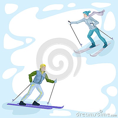 Frame with couple skiers skiing in the snow. Vector frame with characters. Vector Illustration