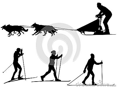 Cross country skiing and dog sledding Sport silhouettes Vector Illustration