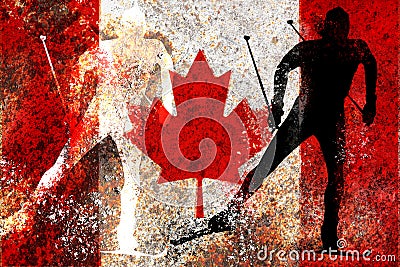 Cross country skiing silhouette on a Canada flag on the rusty metal background Stock Photo