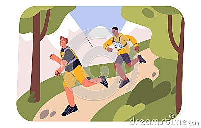 Cross country, trail running. Runners on marathon, competition. Joggers training stamina, body for championship. Sporty Vector Illustration