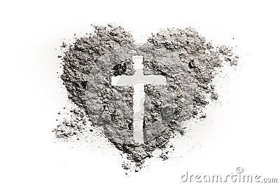 Cross or crucifix in heart symbol made of ash Stock Photo