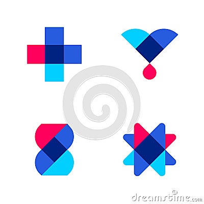 Cross, drop and DNA. Set of abstract medical or pharmacy logo Vector Illustration