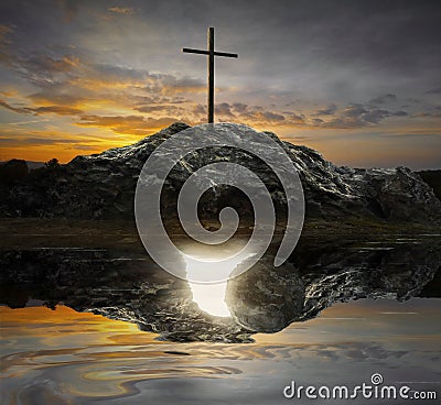 Cross and empty tomb Stock Photo