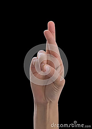 Cross fingers of woman`s hand with rim light isolated on black background for lie and wishing for good luck gesture Stock Photo