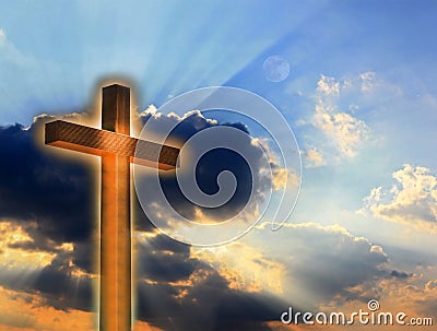 Cross in fire on sky Stock Photo