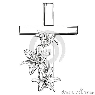 Cross and floral blooming lilies, a symbol of Christianity Vector Illustration