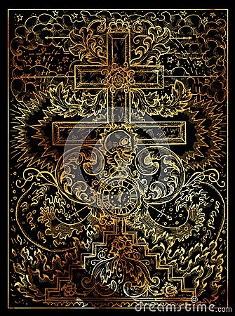 Cross. Golden engraved illustration on black. Cartoon Illustration