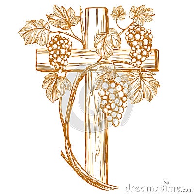 Cross and grape vine, grape, , Easter . symbol of Christianity hand drawn vector illustration sketch Vector Illustration