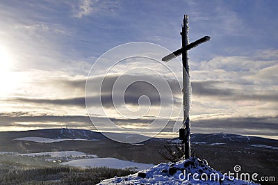 Cross hill top in winter Stock Photo