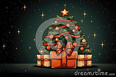 Christmas gift boxes on the floor near the christmas tree - Generative AI Stock Photo