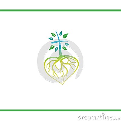 Cross like Tree with Heart Shape Roots. Christian Cross. Good roots. Vector Logo design template Stock Photo