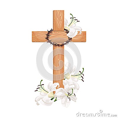 Cross with lilies isolated on white background. Religious symbols wooden cross, white lily and crown of thorns Vector Illustration