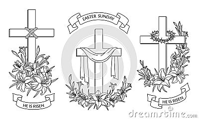 Cross with lilies. Religious Christian Easter Symbol Vector Illustration