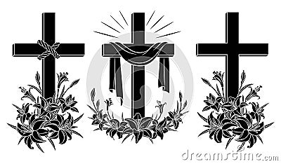 Cross with lilies. Religious Christian Easter Symbol. Set of crosses with lilies and shroud. Vector Illustration