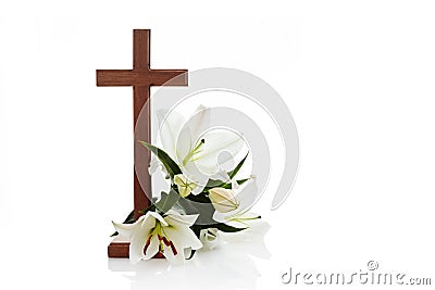 Cross with lilies isolated on white background for decorative design. Spring background. Easter card. Stock Photo