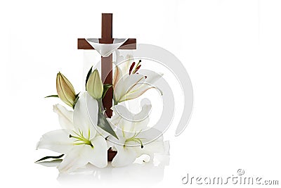 Cross with lilies isolated on white background for decorative design. Spring background. Easter card. Stock Photo