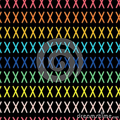 Cross pattern. Seamless vector pattern. Colorful rainbow colors pattern with x signs. Pink, red, orange, blue, green, yellow on a Vector Illustration