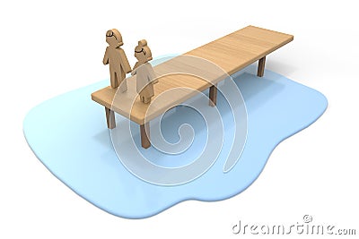 Couple on the pier. Wooden pier. Beautiful water surface. 3D rendering Stock Photo