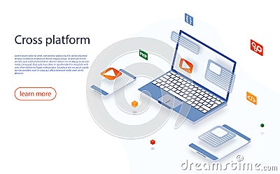 Cross platform development website. Multi-platform testing, platform-independent software, cross device marketing. Web Vector Illustration