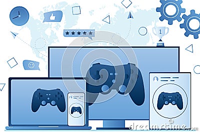Cross Platform Multiplayer concept. Various smart gadgets with game controller on screen Vector Illustration