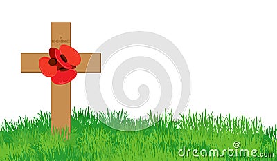 Cross with red poppies on a green lawn Vector Illustration