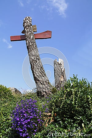 Cross, roadside calvary of wood, trunk Stock Photo