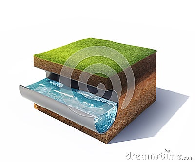 Cross section of ground with grass and steel pipe with water isolated on white Stock Photo