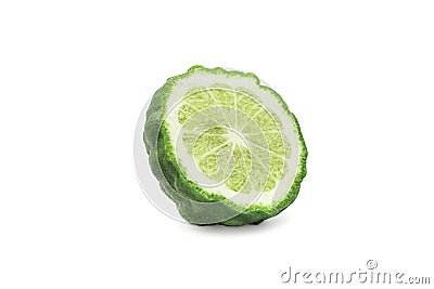 Cross Section or half bergamot or kaffir lime on white isolated background with clipping path. Bergamot is Thai aromatic herb for Stock Photo