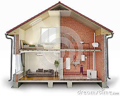 Cross section of house, divided into renovated part and unfinished part with pipes Cartoon Illustration