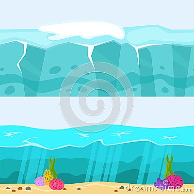 Cross section of sea water ecology natural geologist underwater background landscape river vector illustration. Vector Illustration