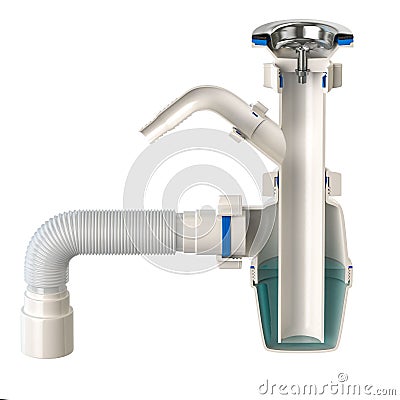 Cross section of siphon with bottle trap and pvc plastic pipes for sinks isolated on white Cartoon Illustration