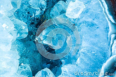 Cross section slice detail macro of a aquamarine color geode. Stock Photo