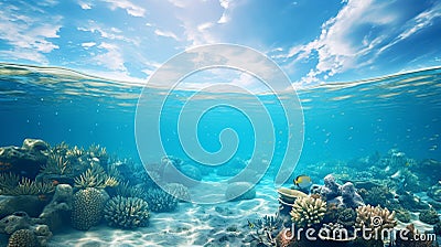 Cross-section of tropical marine seascape. Sunlight illuminating exotic underwater world with coral riffs. Generative AI Stock Photo