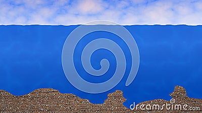 Ocean background with rippling waves, blue sky, white clouds, sea floor. 3d rendering Cartoon Illustration