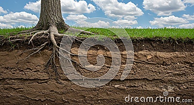 a cross-section view revealing tree roots and soil layers - generated using ai Stock Photo
