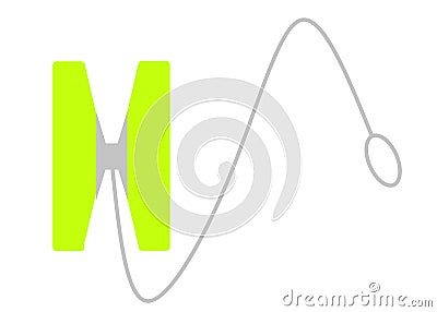 A cross sectional side view of a lime luminous bright green 1A unresponsive yoyo with light grey string white backdrop Cartoon Illustration