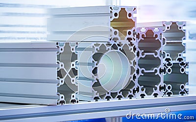 Cross sections of extruded aluminium or aluminum channels for use in manufacturing Stock Photo