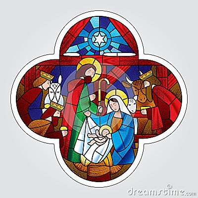 Cross shape with the Christmas and Adoration of the Magi scene Vector Illustration