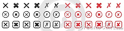 Cross Shape Icons Set. Black and Red Grunge Mark In Box And Circle Pictogram. X Symbol Collection. Delete, Cancel Vector Illustration